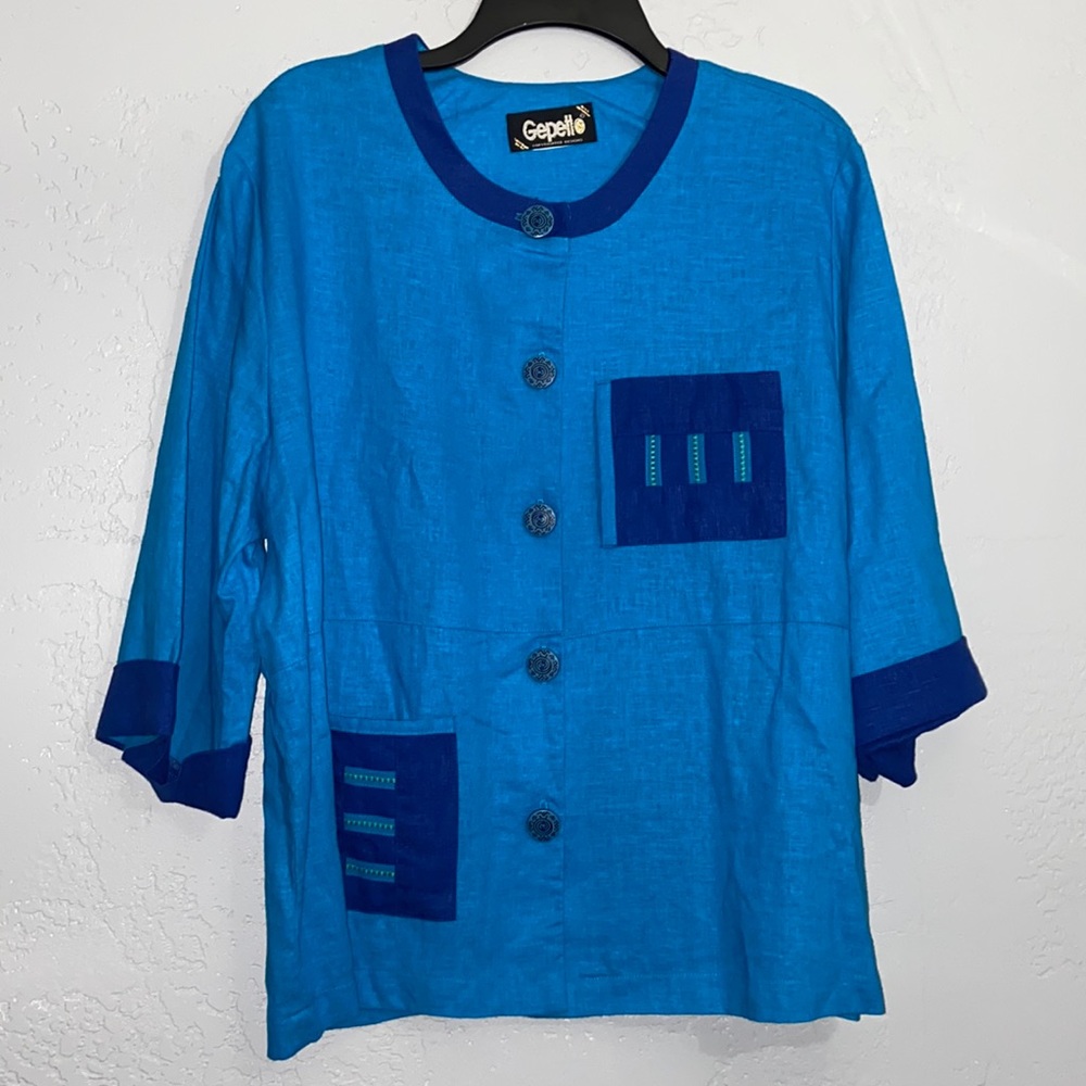 VTG Gepetto Linen Contrast Unlined 3/4 Sleeve Light Jacket Blouse Approx XXL 2XL